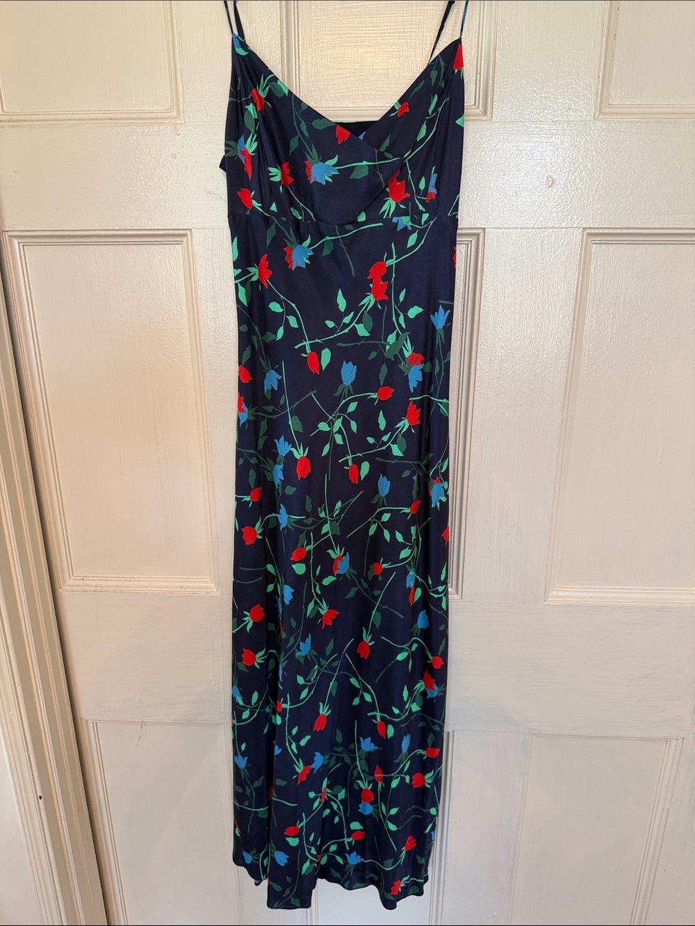 C/MEO Collective Navy Floral Slip Midi Dress with Red & Blue Blooms